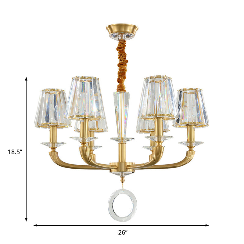 Modern Brass Pendant Light Fixture With Clear Crystal Cone Shade - 6 Chandelier For Bedroom