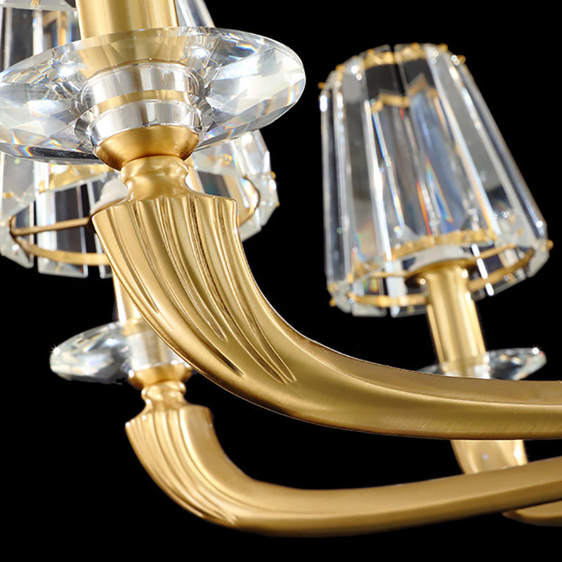 Modern Brass Pendant Light Fixture With Clear Crystal Cone Shade - 6 Chandelier For Bedroom