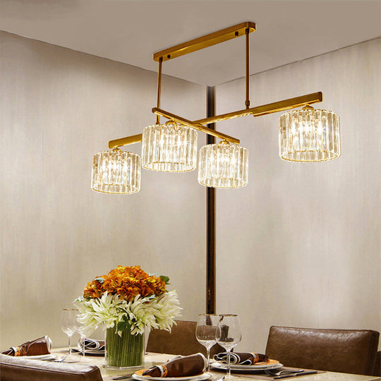 Modern Brass Hanging Light With Crystal Block - 4-Light Metal Cylinder Island Lighting For Living