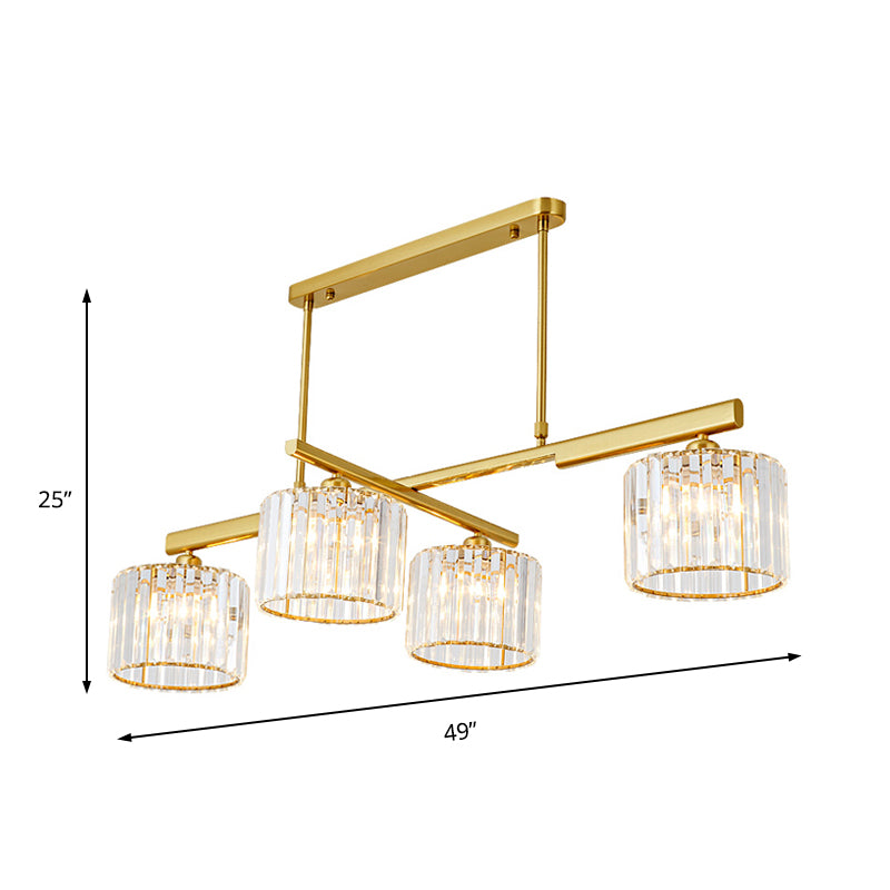 Modern Brass Hanging Light With Crystal Block - 4-Light Metal Cylinder Island Lighting For Living