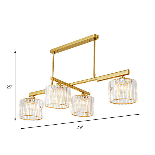 Modern Brass Hanging Light With Crystal Block - 4-Light Metal Cylinder Island Lighting For Living