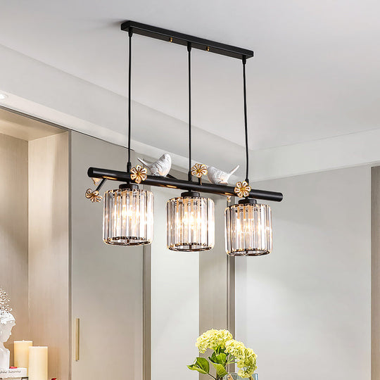 Black Island Pendant Light With Clear Crystal Cylinder And Lodge Style Accents - 3 Lights Bird