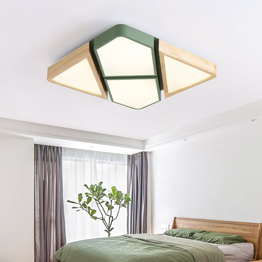 Nordic Wood and Metal LED Square Ceiling Mount Light in Gray/White/Green with Warm/White/Neutral Lighting - 18"/21.5"/34.5" Wide