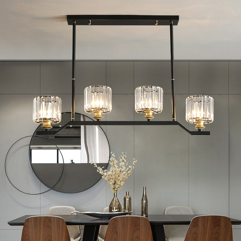 Modern Island Pendant Light With Black Clear Crystal Cylinder - 3/4 Lights For Indoor