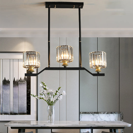 Modern Island Pendant Light With Black Clear Crystal Cylinder - 3/4 Lights For Indoor