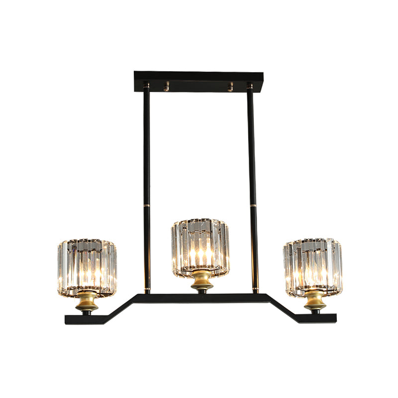 Modern Island Pendant Light With Black Clear Crystal Cylinder - 3/4 Lights For Indoor