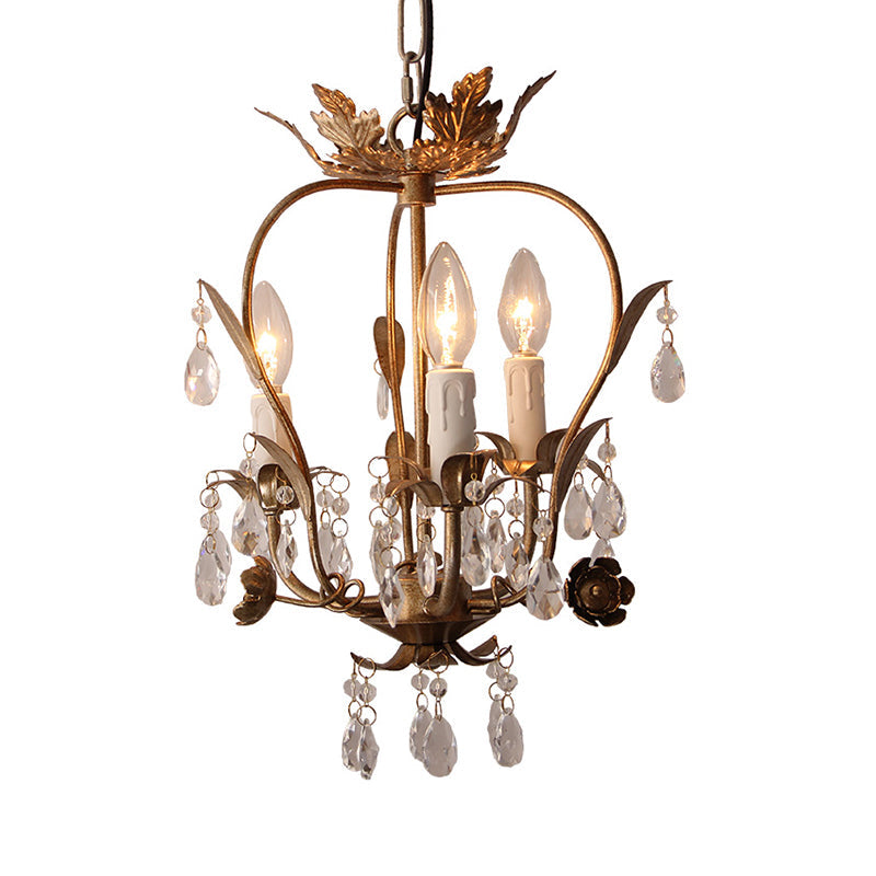 Country Style Caged Chandelier - Iron 3 Heads Pendant Lamp With Crystal And Leaf Deco In Dark Rust