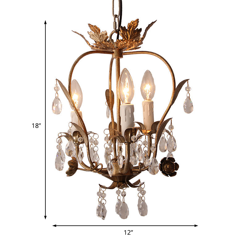 Country Style Caged Chandelier - Iron 3 Heads Pendant Lamp With Crystal And Leaf Deco In Dark Rust