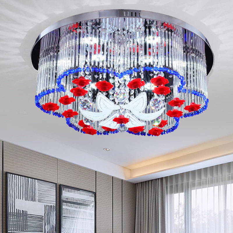 Modern Led Crystal Prism Ceiling Light With Flower Design In Blue And Red 19.5/23.5 Width