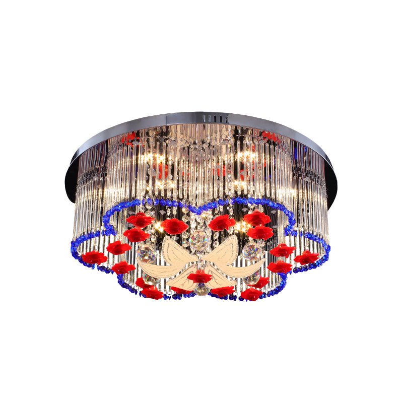 Plafonnier LED moderne à prisme en cristal avec motif floral en bleu et rouge, largeur 19,5"/23,5"