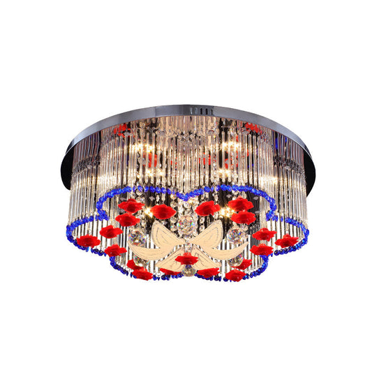 Plafonnier LED moderne à prisme en cristal avec motif floral en bleu et rouge, largeur 19,5"/23,5"