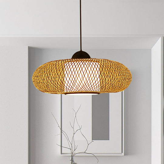 Contemporary Black/Wood Cross Woven Pendant Light With Drum Shade - 1 Head Bamboo Hanging Lamp