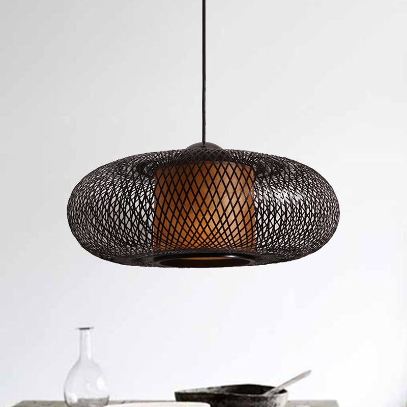 Contemporary Black/Wood Cross Woven Pendant Light With Drum Shade - 1 Head Bamboo Hanging Lamp