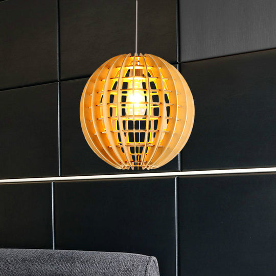 Asian Style Wooden Globe Pendant Light - Natural Wood Suspension Lamp For Dining Room Décor