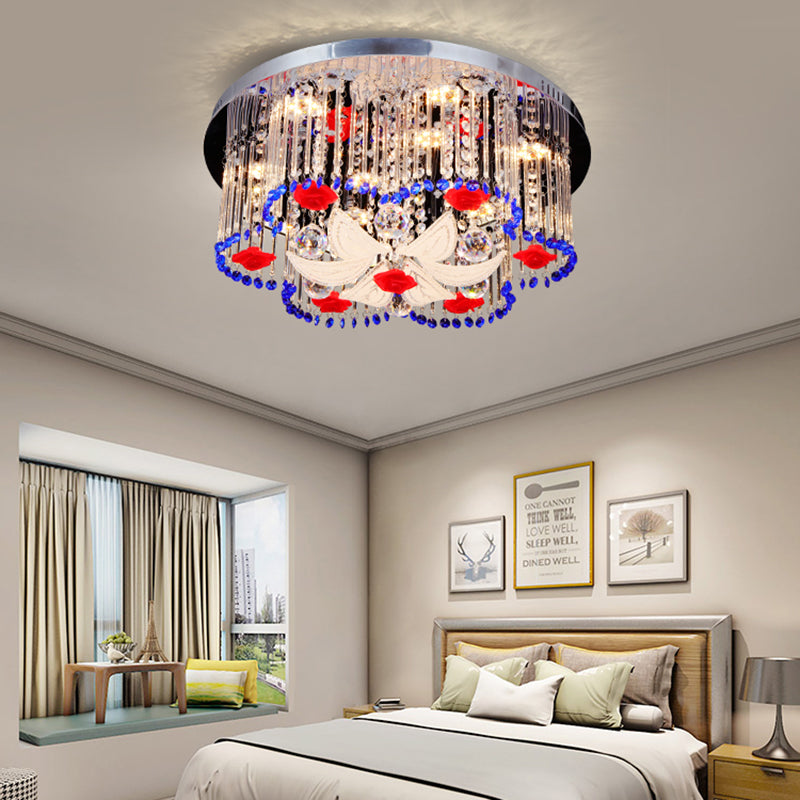 Modern Led Crystal Prism Ceiling Light With Flower Design In Blue And Red 19.5/23.5 Width