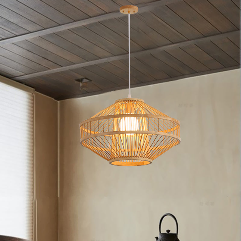 Bamboo Modernist Style Ceiling Fixture - Flying Saucer Design 16/19.5 Width 1-Bulb Wood Pendant Lamp