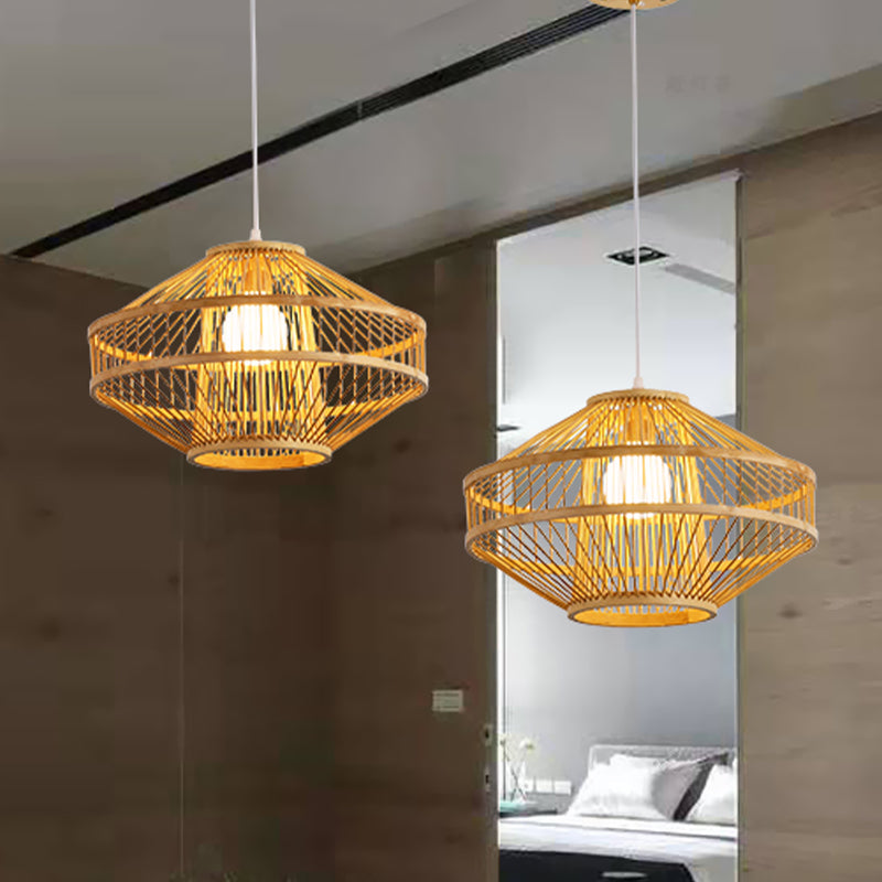 Bamboo Modernist Style Ceiling Fixture - Flying Saucer Design 16/19.5 Width 1-Bulb Wood Pendant Lamp