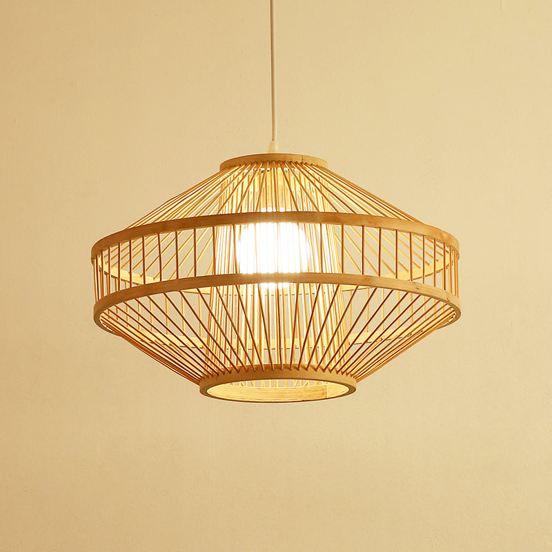 Bamboo Modernist Style Ceiling Fixture - Flying Saucer Design 16/19.5 Width 1-Bulb Wood Pendant Lamp