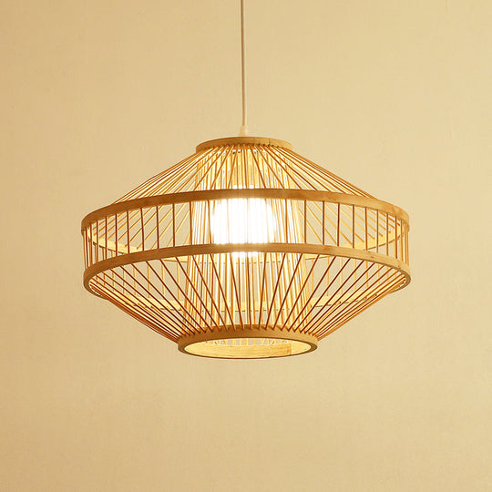 Bamboo Modernist Style Ceiling Fixture - Flying Saucer Design 16/19.5 Width 1-Bulb Wood Pendant Lamp