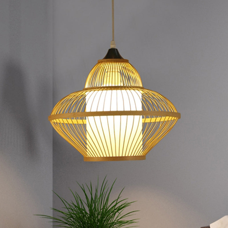 Asian Stylish Beige Gourd Shaped Bamboo Pendant Lamp - 1 Light Hanging Lighting With Inner Cylinder