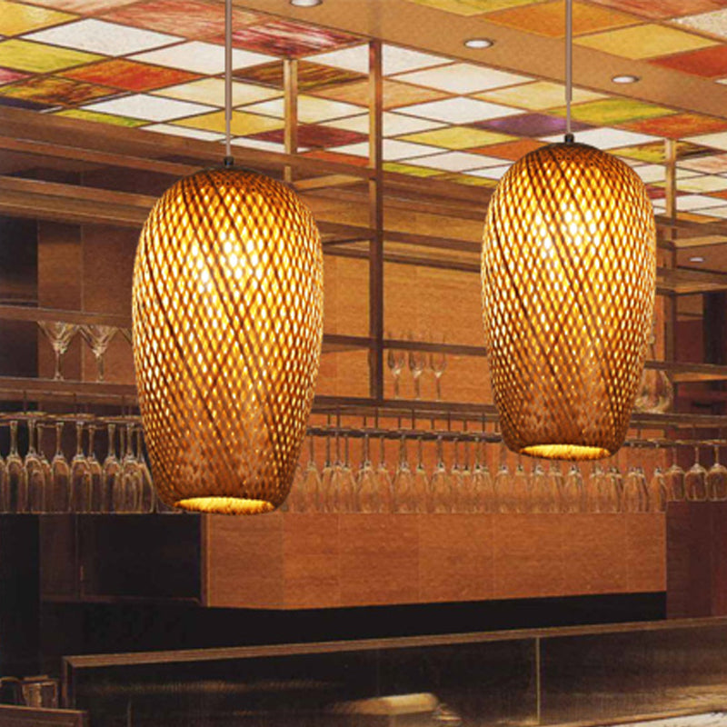 Bamboo 1-Light Pendant Lamp: Lodge Style Woven Shade Kitchen Suspension Lighting In Yellow (9/10