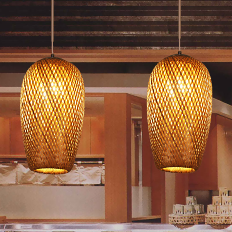 Bamboo 1-Light Pendant Lamp: Lodge Style Woven Shade Kitchen Suspension Lighting In Yellow (9/10