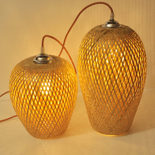 Bamboo 1-Light Pendant Lamp: Lodge Style Woven Shade Kitchen Suspension Lighting In Yellow (9/10