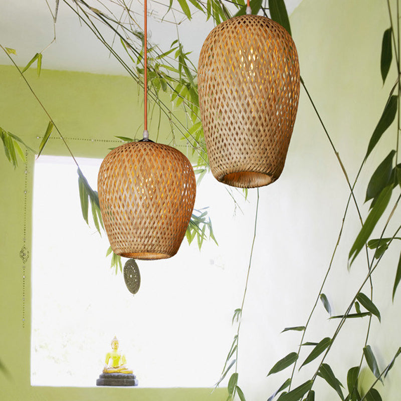 Bamboo 1-Light Pendant Lamp: Lodge Style Woven Shade Kitchen Suspension Lighting In Yellow (9/10