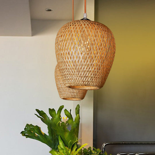 Bamboo 1-Light Pendant Lamp: Lodge Style Woven Shade Kitchen Suspension Lighting In Yellow (9/10