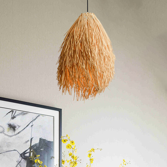 Gisalie - Stylish Beige Teardrop Pendant Lamp Asian Stylish 1-Bulb Rattan Hanging Light Fixture for Restaurant