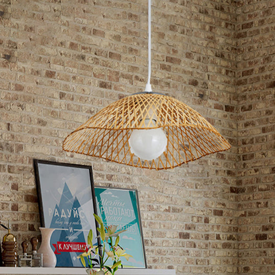 Hand-Knitted Bamboo Pendant Light - Asian Style 1 Head Beige Hanging Lamp For Living Room 14/18 W