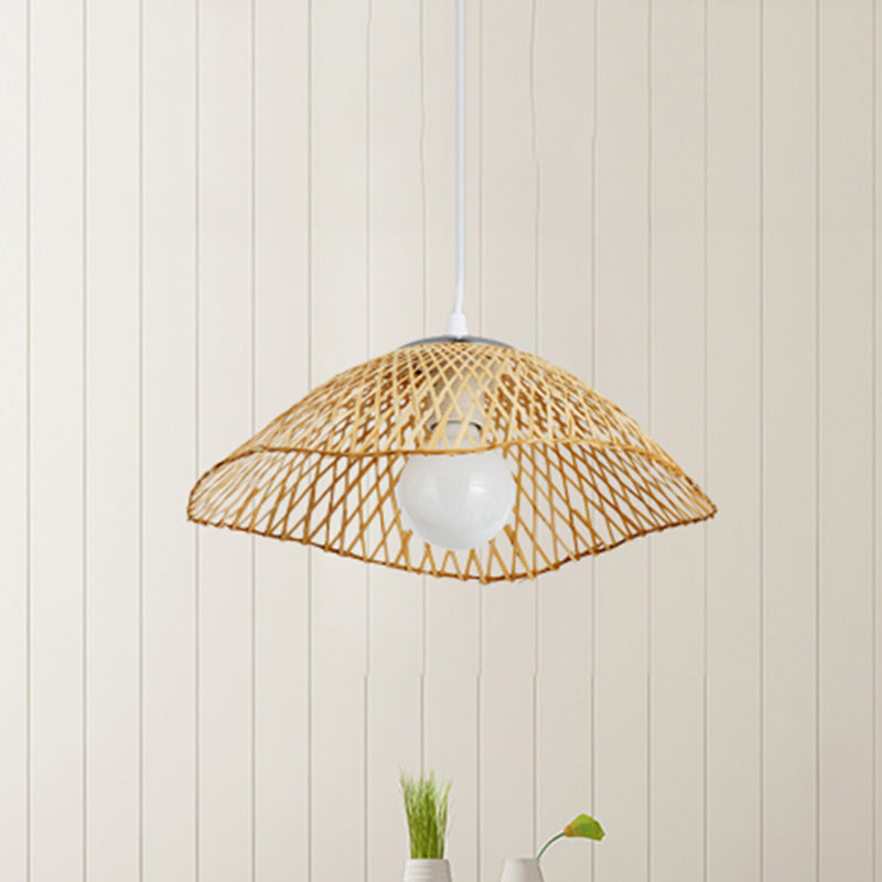 Hand-Knitted Bamboo Pendant Light - Asian Style 1 Head Beige Hanging Lamp For Living Room 14/18 W