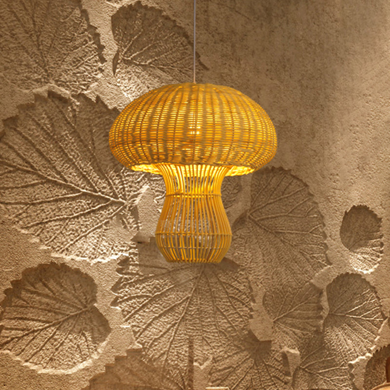 1-Light Asian Style Hallway Hanging Pendant Light With Rattan Mushroom Shade - Brown/Beige