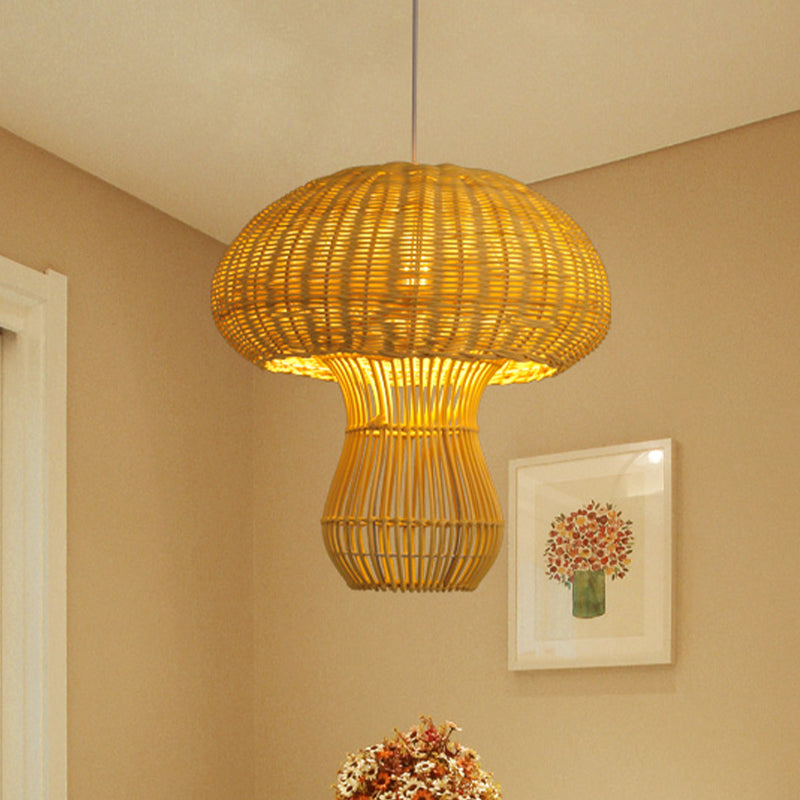 1-Light Asian Style Hallway Hanging Pendant Light With Rattan Mushroom Shade - Brown/Beige