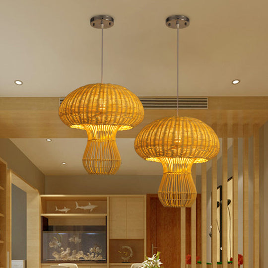 1-Light Asian Style Hallway Hanging Pendant Light With Rattan Mushroom Shade - Brown/Beige