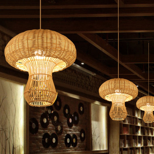 1-Light Asian Style Hallway Hanging Pendant Light With Rattan Mushroom Shade - Brown/Beige