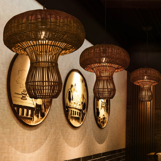 1-Light Asian Style Hallway Hanging Pendant Light With Rattan Mushroom Shade - Brown/Beige