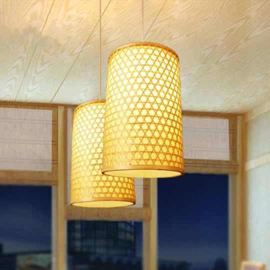 Modern Bamboo Pendant Lamp For Dining Room - Cylindrical Hanging Ceiling Light 1 Head Beige