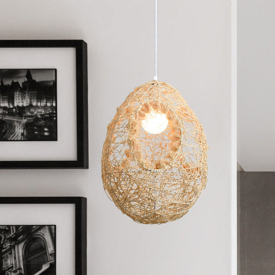 Rustic Rattan Egg Pendant Light For Restaurants - Single Bulb Hanging Lamp In Beige