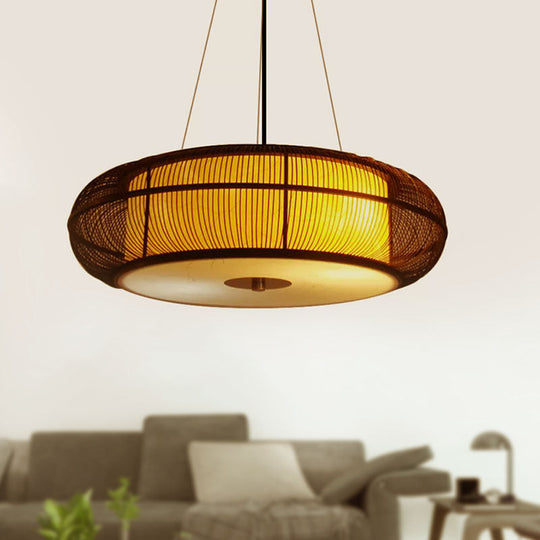 Modern 3-Head Bamboo Pendant Light With Stylish Drum Shade For Dining Room Ceiling (Black/Wood)