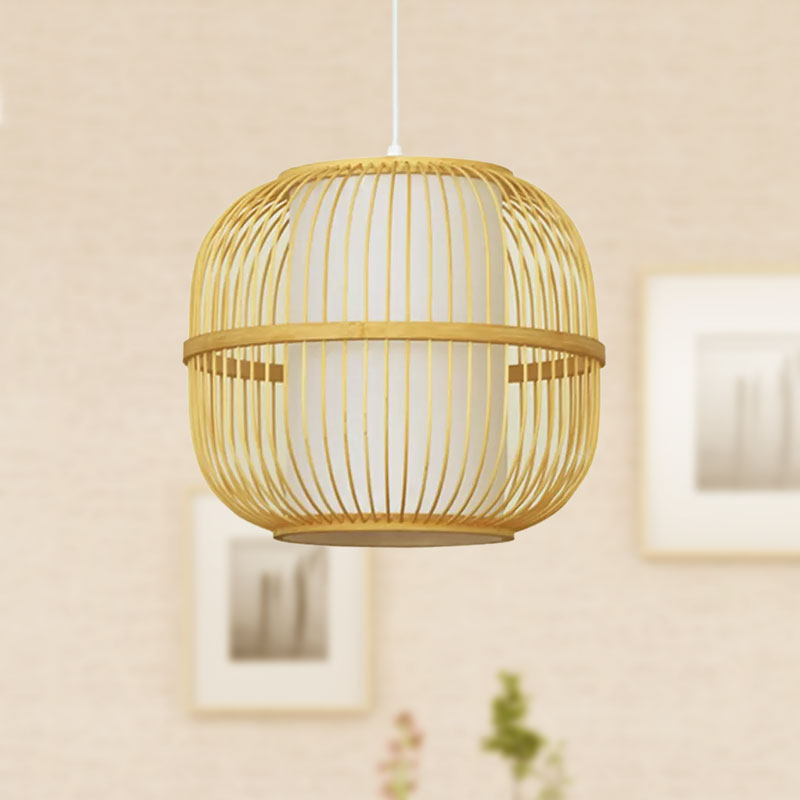 Contemporary Beige Bamboo Pendant Lamp With Inner Cylindrical Shade - 1-Light Ceiling Fixture