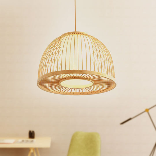 Bamboo Domed Pendant Lamp With Inner Shade - Modern 1-Light Ceiling Fixture Beige 12/14 Diameter