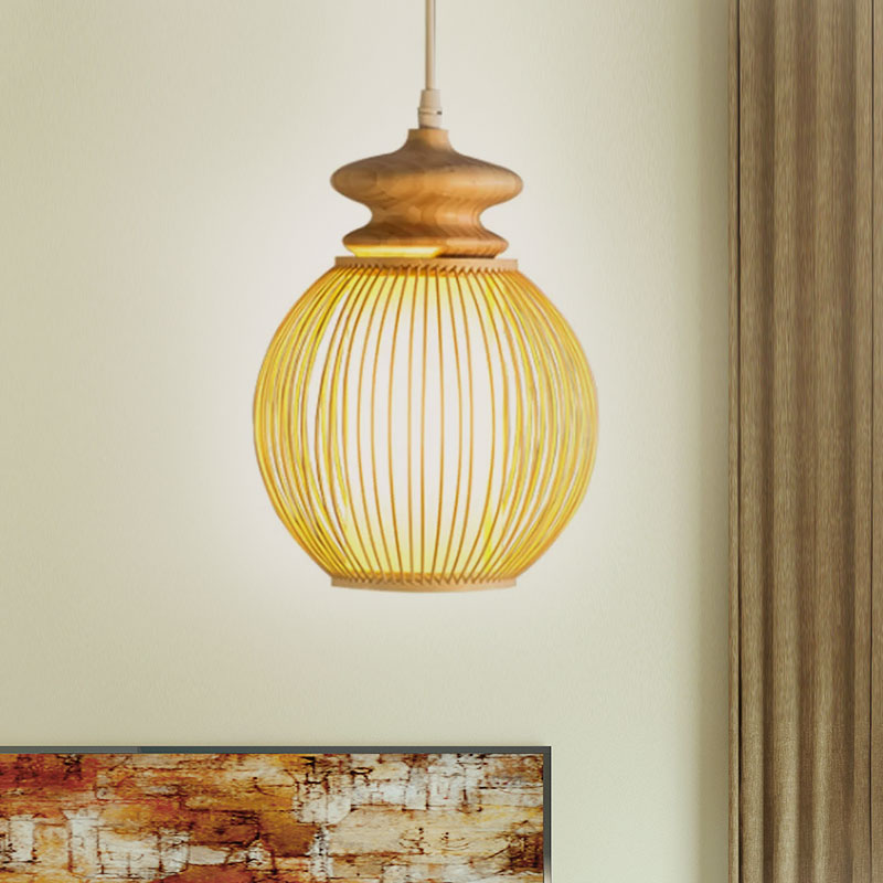 Bamboo Global Shade Hanging Lamp In Asian Style With Wooden Cap - Beige 9/12 Dia