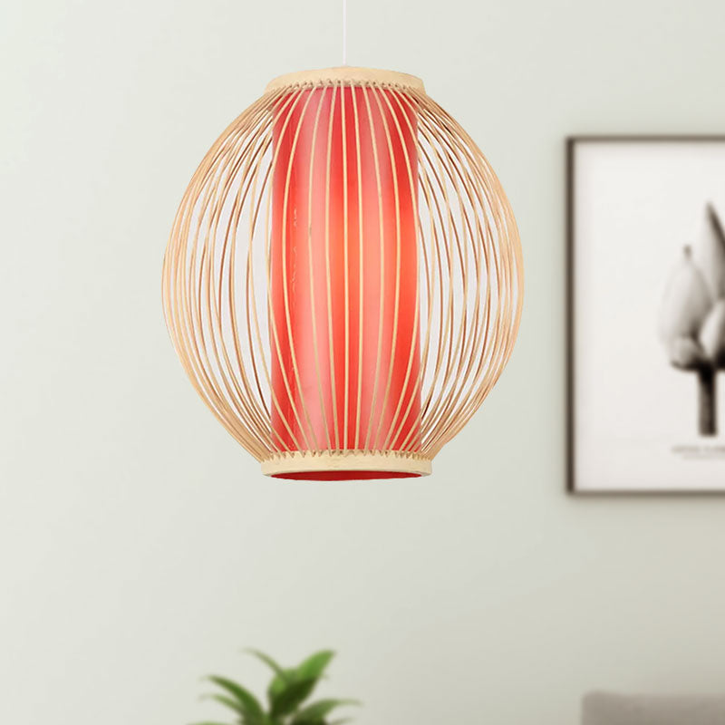 Bamboo Hanging Light Fixture with Chinese Style Suspension - 1-Light Global Kitchen Lamp, Inner Red Cylinder Shade