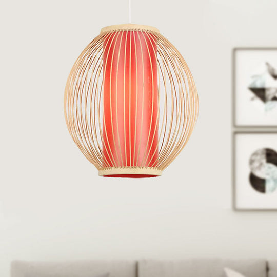 Bamboo Hanging Light Fixture with Chinese Style Suspension - 1-Light Global Kitchen Lamp, Inner Red Cylinder Shade