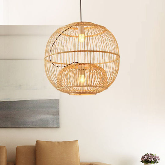 Contemporary Bamboo Pendant Lights - 2-Light Beige Hanging Lamp For Restaurant (14/16 W)