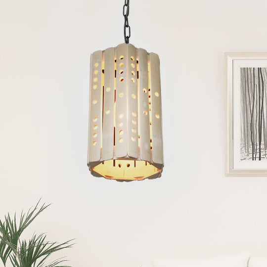 Modern Bamboo Cylinder Suspension Pendant Light - Single Bulb Porch Hanging Lamp in Beige