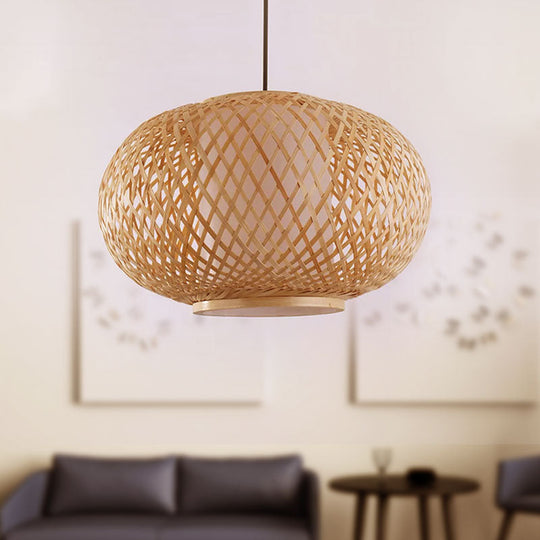 Asian Style Bamboo Pendant Light With Cross Woven Design And Curved Drum Shape For Restaurant