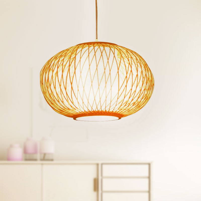 Modern Beige Hand-Knitted Hanging Bamboo Ceiling Lamp With Drum Shade - Perfect For Dining Room