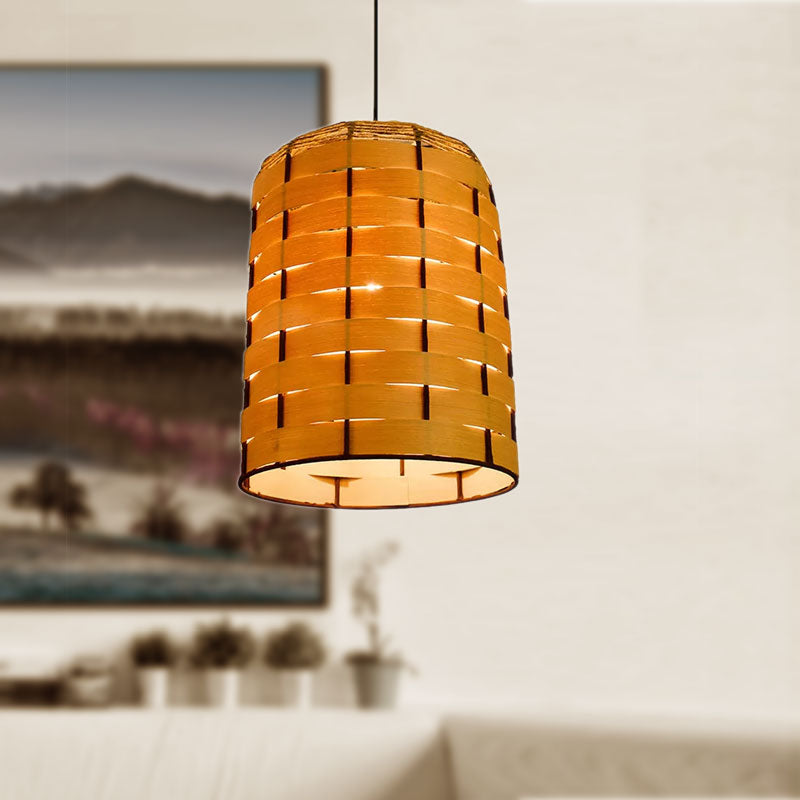 10"/12" Wide Dome Pendant Light - Contemporary Wooden Hanging Lamp in Beige